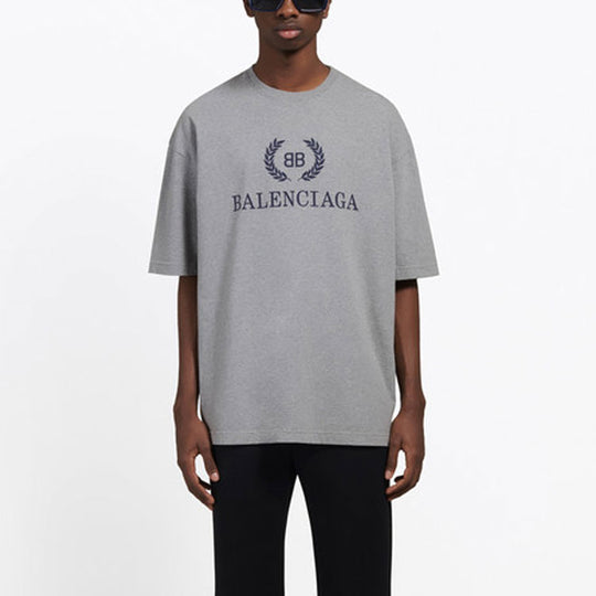 Men's Balenciaga BB Logo Printing Short Sleeve Gray 544271TCV251300