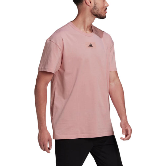Men's adidas Solid Color Logo Casual Loose Short Sleeve Pink T-Shirt HE4355