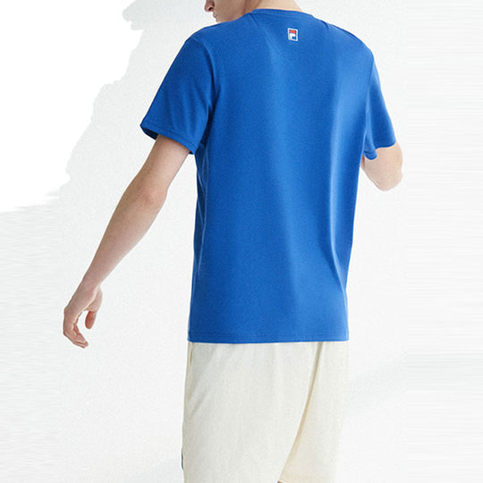 Men's FILA FUSION Contrasting Colors Large Logo Printing Loose Short Sleeve Blue T-Shirt T11M022118A-BU