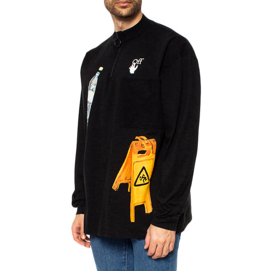 Men's Off-White Pattern Printing Round Neck Long Sleeves Loose Fit Black 0MAB031F20FAB0011010