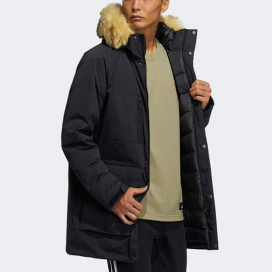 adidas Down Parka Outdoor Solid Color mid-length hooded Stay Warm Down Jacket Black H20761