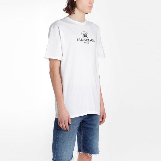 Men's Balenciaga Logo Printing Round Neck Short Sleeve White 556150TYK ...