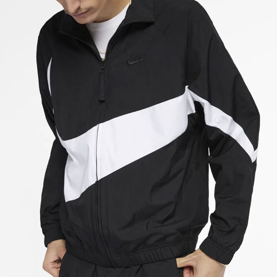 Nike Big Swoosh Sportswear Cardigan Woven Stand Collar Logo Jacket Black  AR3133-010