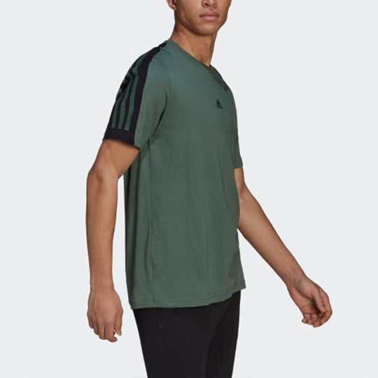 Men's adidas Stripe Colorblock Round Neck Pullover Short Sleeve Dark Green T-Shirt HK2286