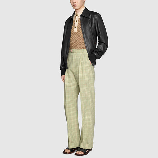 Men's Gucci FW21 Jacquard Knit Cotton Short Sleeve Khaki Polo Shirt 655435-XJDGE-2270
