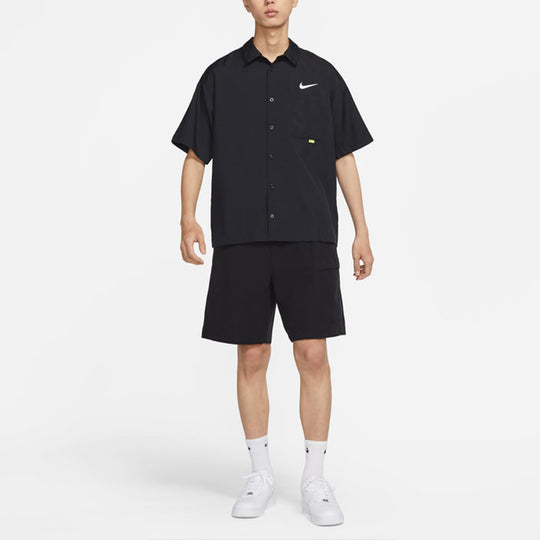 Men's Nike SWOOSH Chest Brand Logo Limited Lapel Solid Color Short Sleeve Black Shirt DX6308-010