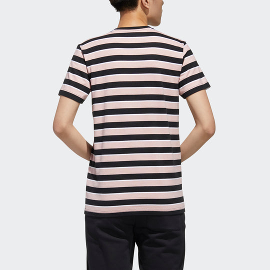 Men's adidas neo Esntl Lg S T3 Logo Printing Stripe Sports Short Sleeve Pink T-Shirt FP7425