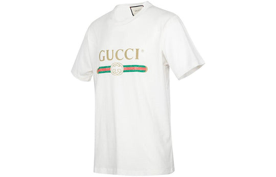 (WMNS) Gucci Large logo Belt Printing Short Sleeve White 457095-X5L89-9234
