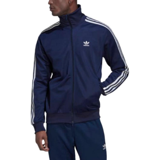 Men's adidas originals Retro Sports Stripe Logo Zipper Stand Collar Jacket Navy Blue HK7364