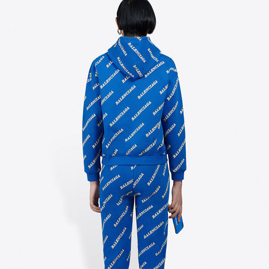 (WMNS) Balenciaga Full Print Alphabet Logo hooded Drawstring Hoodie Blue 612959TIV715011