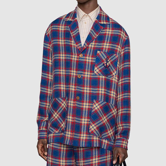 GUCCI Anchor Check Cotton And Linen Jacket For Men Blue/Red 630067-ZAE37-4104 Jacket - KICKSCREW