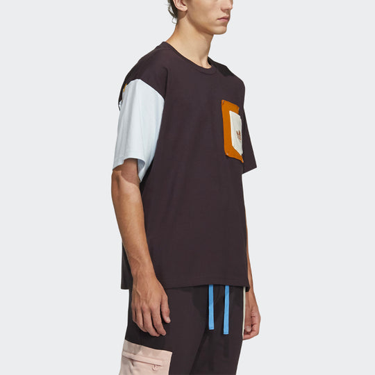 Men's adidas originals Series Splicing Pocket Round Neck Short Sleeve Brown T-Shirt HC0340