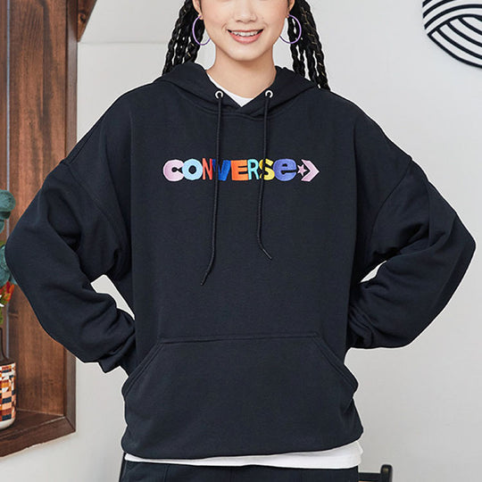 (WMNS) Converse Contrasting Colors Alphabet Embroidered Knit Hoodie Black 10023947-A01