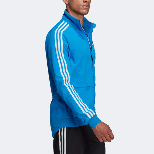 adidas Solid Color Logo Stripe Zipper Stand Collar Casual Jacket Blue H57197