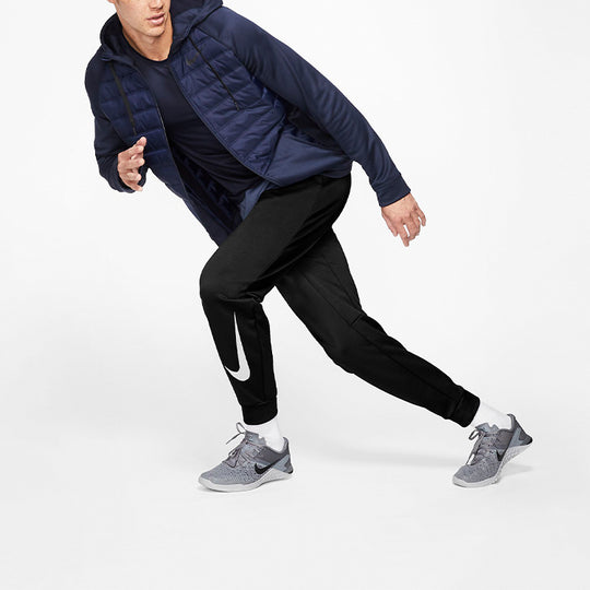 Nike Therma Tapered Swoosh Fleece Lined Sports Training Long Pants Bla ...