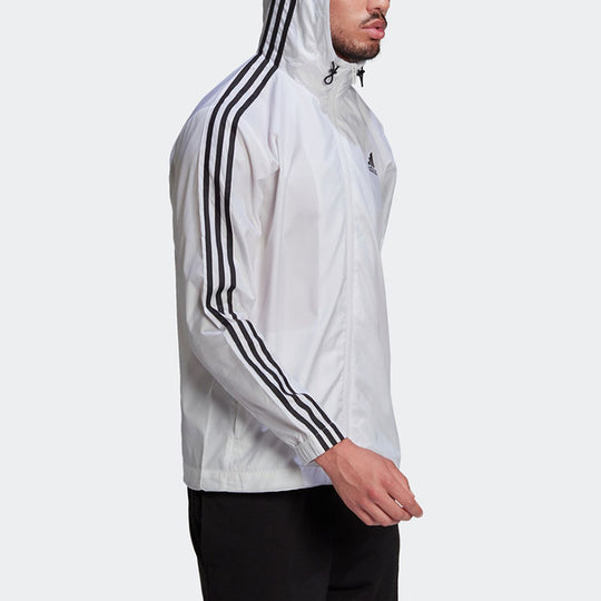 adidas Stripe Logo Micro Mark Printing Sports Training Hooded Jacket White HE4320