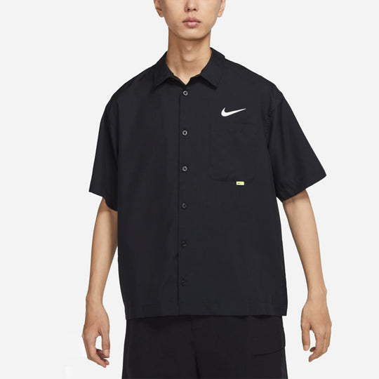 Men's Nike SWOOSH Chest Brand Logo Limited Lapel Solid Color Short Sleeve Black Shirt DX6308-010