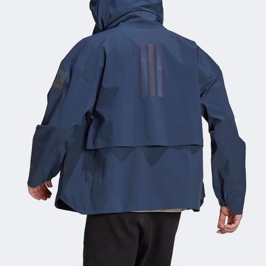 Men's adidas Outdoor Sports Stripe Hooded Rainproof 3M Reflective Navy Blue Jacket GR0596