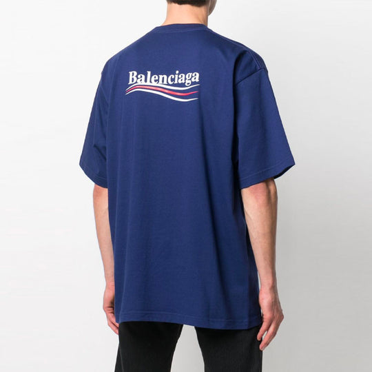Men's Balenciaga Political Campaign Printing Large Version Short Sleeve Navy Blue 641675TIV521195