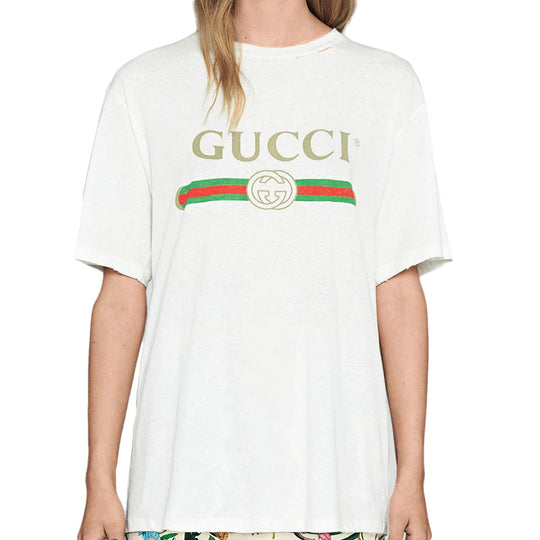 (WMNS) Gucci Large logo Belt Printing Short Sleeve White 457095-X5L89-9234