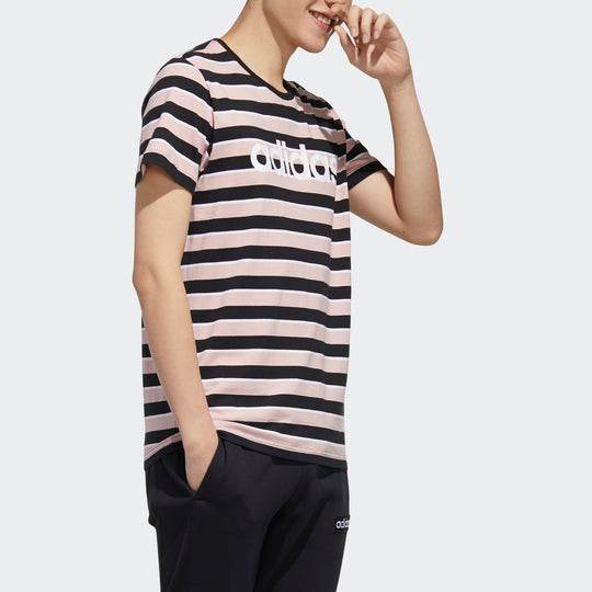 Men's adidas neo Esntl Lg S T3 Logo Printing Stripe Sports Short Sleeve Pink T-Shirt FP7425