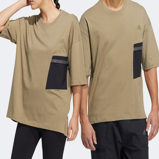 adidas Casual Breathable Sports Splicing Round Neck Short Sleeve Couple Style Khaki HE7353