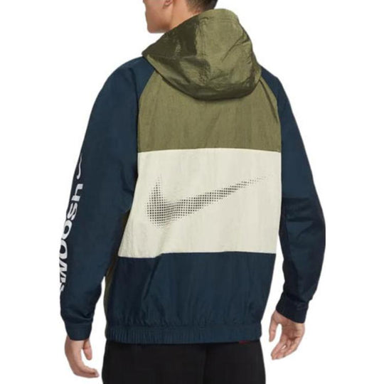 Men's Nike Alphabet Logo Printing Colorblock Hooded Jacket Autumn Olive Green DX6311-222
