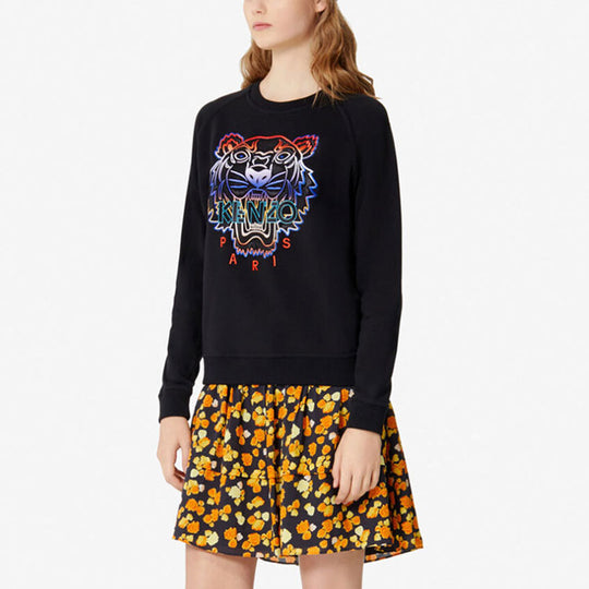 (WMNS) KENZO Multi-Color Embroidered Tiger Head Round Neck raglan sleeve Hoodie Black F962SW8074XE-99