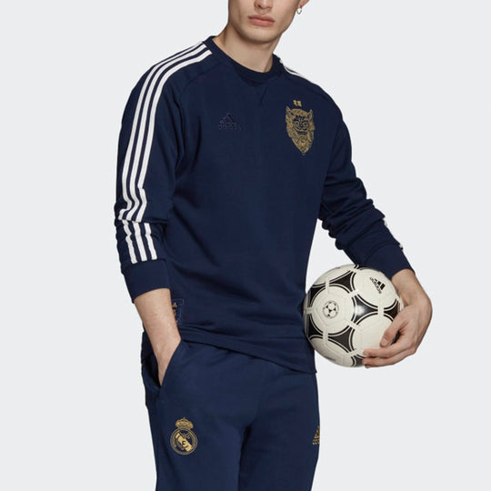 adidas real Madrid Embroidered Pattern Round Neck Pullover Long Sleeves Blue FI4831