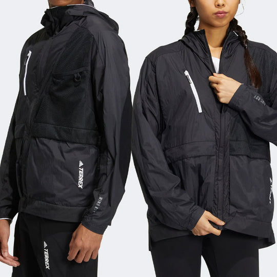adidas Terrex U Voyg Light Wb Solid Color Zipper Hooded Jacket Couple Style Black HE5182
