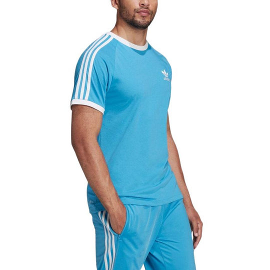 Men's adidas originals 3-Stripes Tee Casual Loose Round Neck Logo Stripe Short Sleeve Blue HB9527