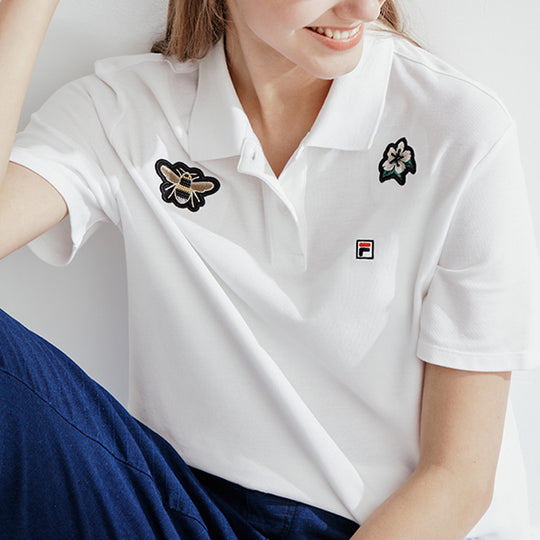 (WMNS) FILA Bee Flower Embroidered Short Sleeve Polo Shirt White F11W028118F-WT