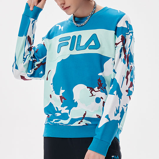 Men's FILA FUSION Logo Contrast Color Stitching Camouflage Loose Sports Round Neck Pullover Blue Sole T11M133201F-BU