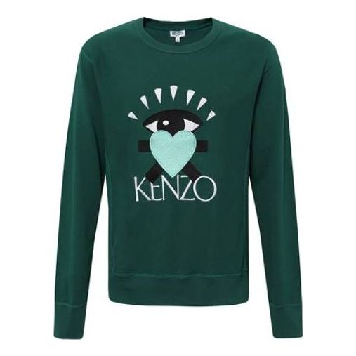 Men's KENZO Love Large Eye Embroidered Pattern Pure Cotton Round Neck Pullover Dark Green F965SW3124X4-53