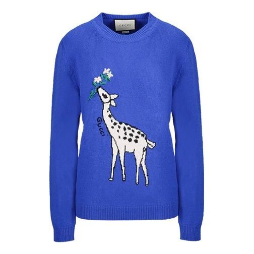 Women's GUCCI Deer Logo Wool Sweater Royal Blue 579950-XKAWE-4354 sweater - KICKSCREW