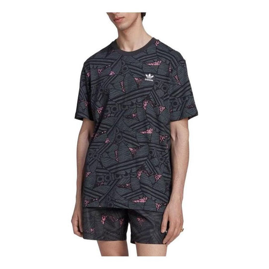 Men's adidas originals Full Print Logo Round Neck Short Sleeve Black T-Shirt HK7361
