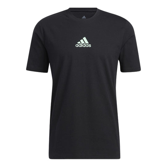 Men's adidas Small Logo Back Pattern Printing Round Neck Short Sleeve Black T-Shirt HE2339