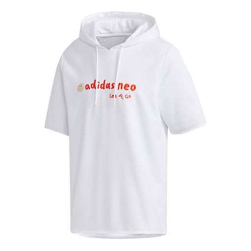 Men's adidas neo Logo Embroidered Sports Pullover Hooded Short Sleeve White GP5824