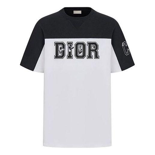 Men's DIOR Logo Colorblock Round Neck Short Sleeve White T-Shirt 193J6
