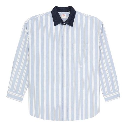 Men's Levis Series Lapel Pure Cotton Stripe Long Sleeves Blue Shirt 52 ...