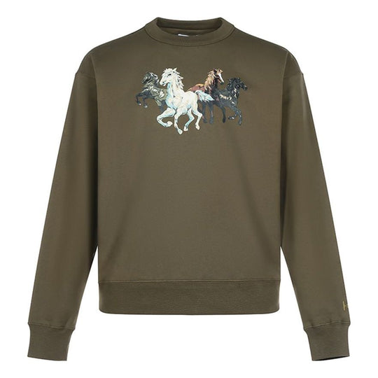 Men's KENZO FW20 Cotton Fleece Lined Loose Version Round Neck Long Sleeves Military Green FA65SW5114MG-50
