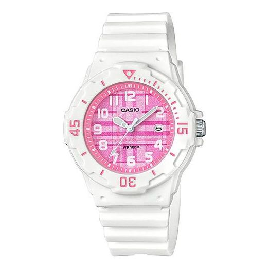 Women's CASIO Waterproof Quartz Date Display Pink Plaid Dial 34.2mm Resin Strap Watch Womens White Analog LRW-200H-4CVDF Watches - KICKSCREW