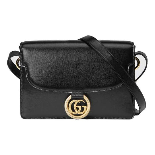 (WMNS) GUCCI GG Ring Gold Logo Leather Shoulder Messenger Bag Small Black Classic 589474-1DB0G-1000