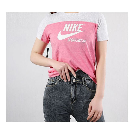 (WMNS) Nike Sportswear Colorblock Round Neck Breathable Short Sleeve 'Pink Grey' AR3795-054