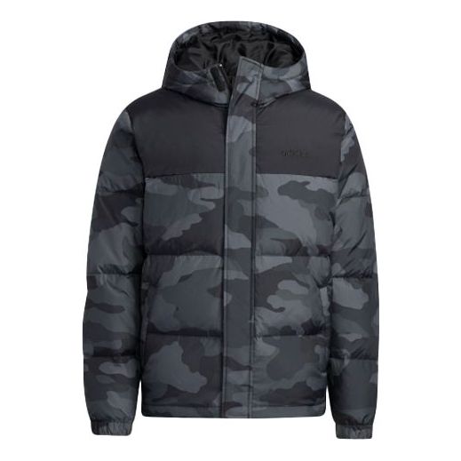 adidas neo Zipper Cardigan Short Camouflage hooded down Jacket Black H45239
