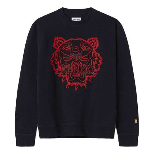 Men's KENZO China Capsule Series Tiger Head Embroidered Round Neck Pullover Black FB55SW1204MN-99