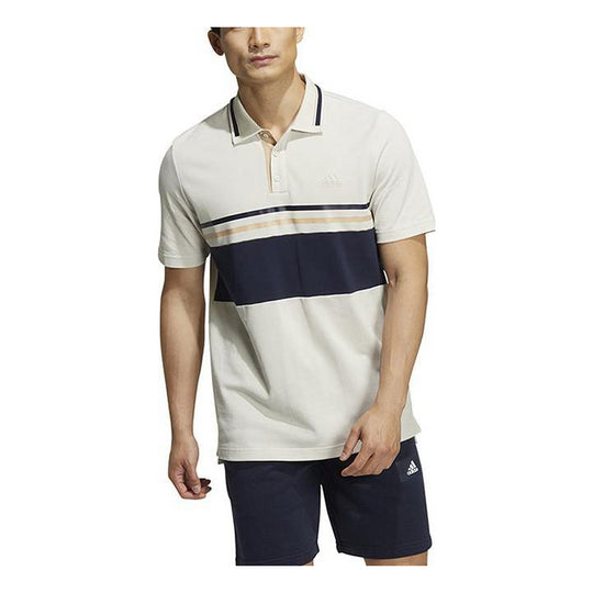 Men's adidas Colorblock Casual Stripe Lapel Short Sleeve White Polo Shirt HZ7042