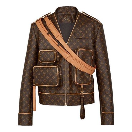 Louis Vuitton LV Monogram Presbyopic Show Stitching Pocket Leather Jacket for Men Brown 1A5Q6