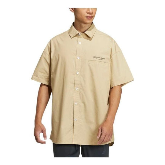Men's adidas Back Alphabet Printing Pattern Lapel Short Sleeve Khaki Shirt HZ7032