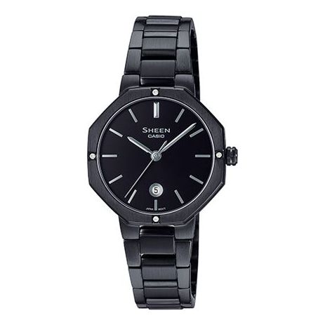 Women's CASIO SHEEN Series Minimalistic Business Octagonal Dial Three Needles And Sapphire Black Steel Strip Casual Watch Sapphire Crystal Stainless Steel Strap Womens Analog SHE-4543BD-1AUPR Watches - KICKSCREW